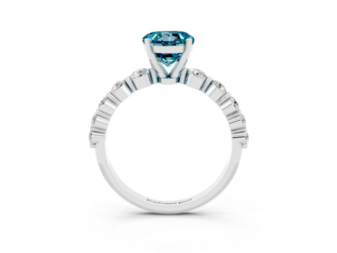 White gold Round Cut Solitaire Blue Topaz Ring with Pave Band and Four-Prong Setting_3