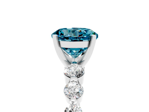 White gold Round Cut Solitaire Blue Topaz Ring with Pave Band and Four-Prong Setting_5