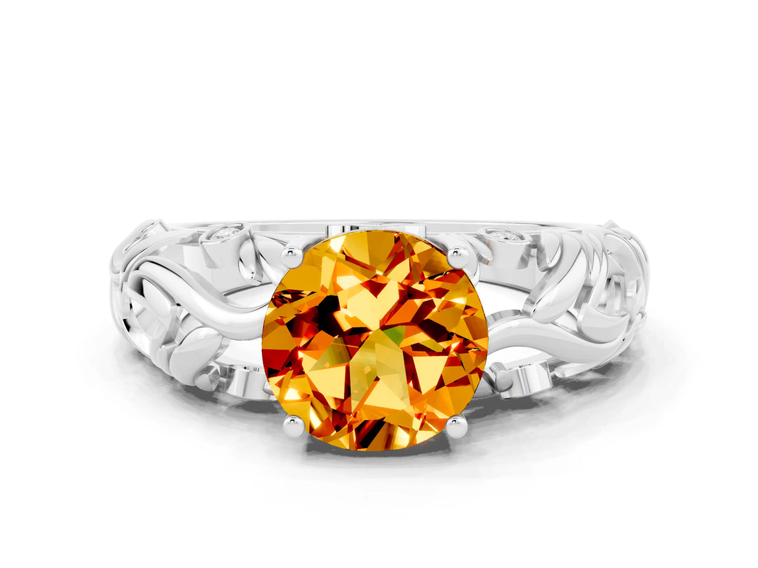 White gold Round Cut Solitaire Citrine Leaf-Inspired Vine Band Ring with Prong Setting