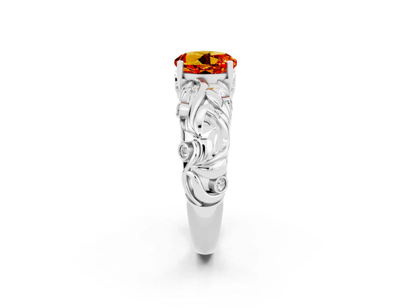 Platinum Round Cut Solitaire Citrine Leaf-Inspired Vine Band Ring with Prong Setting
