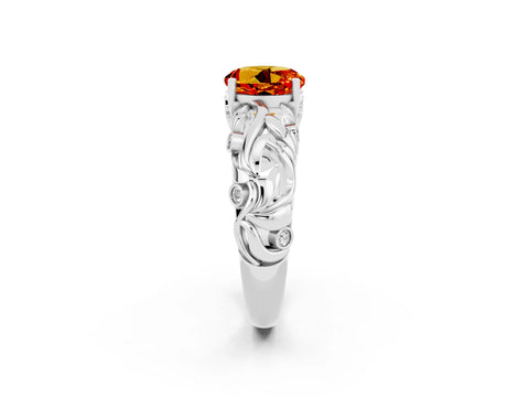 White gold Round Cut Solitaire Citrine Leaf-Inspired Vine Band Ring with Prong Setting_2