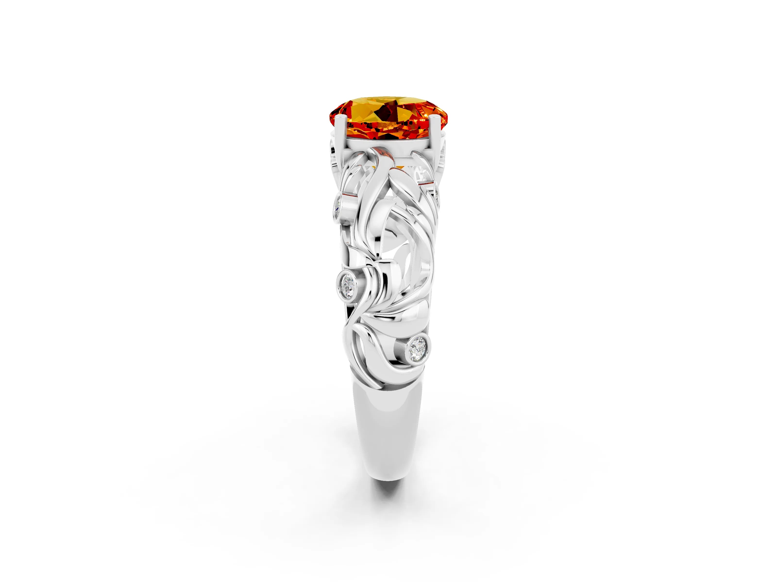 White gold Round Cut Solitaire Citrine Leaf-Inspired Vine Band Ring with Prong Setting_2