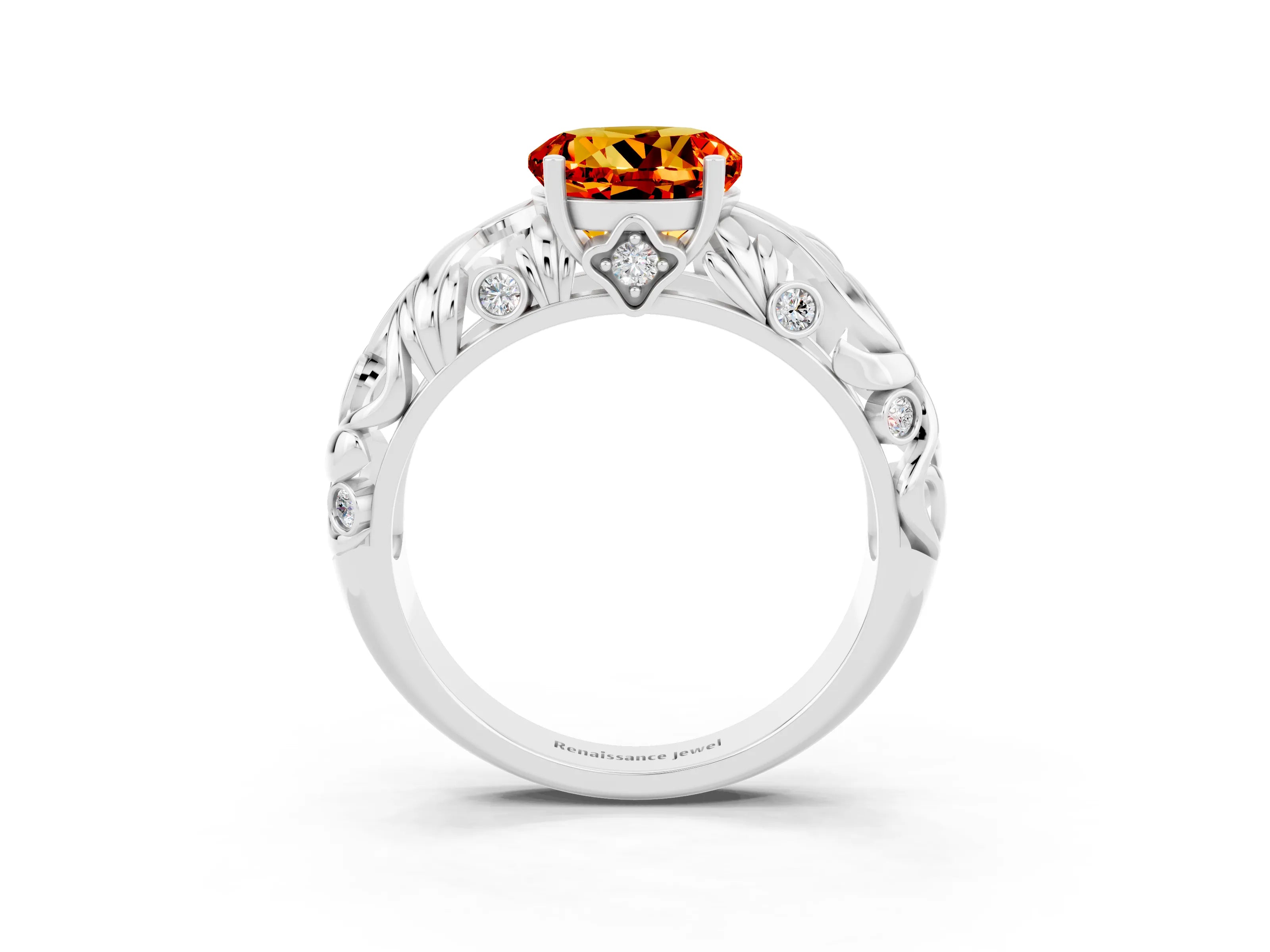 White gold Round Cut Solitaire Citrine Leaf-Inspired Vine Band Ring with Prong Setting_3