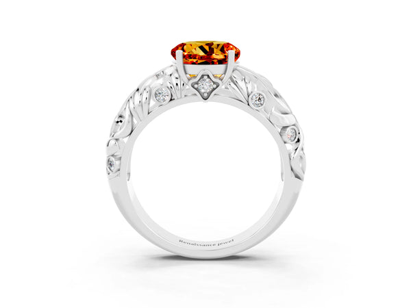 Platinum Round Cut Solitaire Citrine Leaf-Inspired Vine Band Ring with Prong Setting