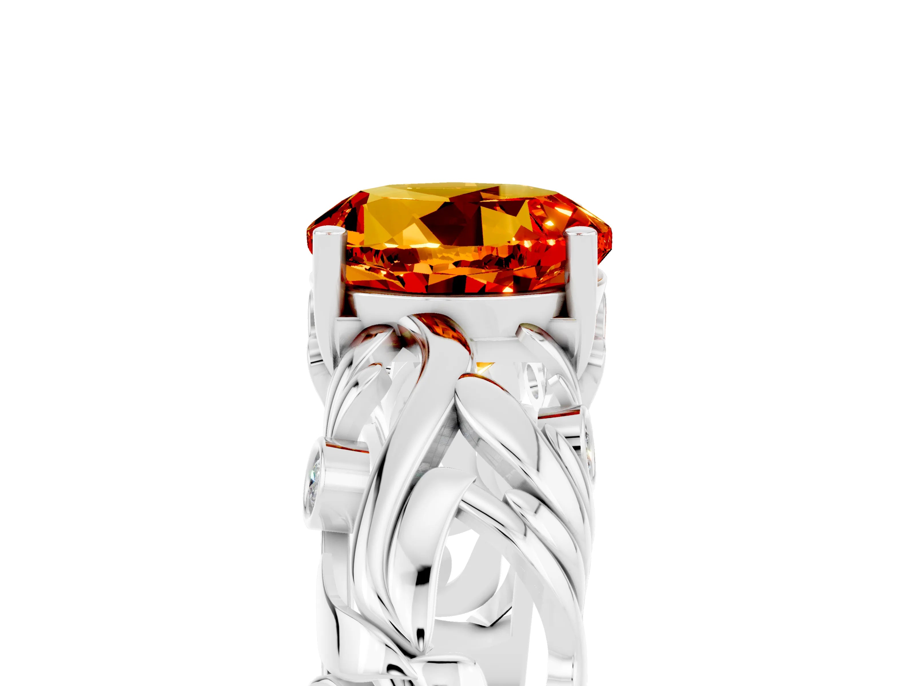White gold Round Cut Solitaire Citrine Leaf-Inspired Vine Band Ring with Prong Setting_5