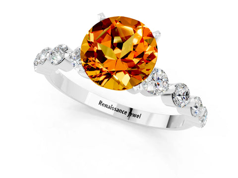 White gold Round Cut Solitaire Citrine Ring with Pave Band and Four-Prong Setting_1