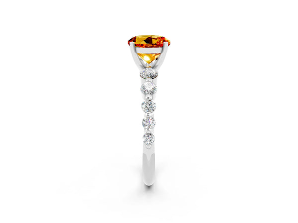 Platinum Round Cut Solitaire Citrine Ring with Pave Band and Four-Prong Setting
