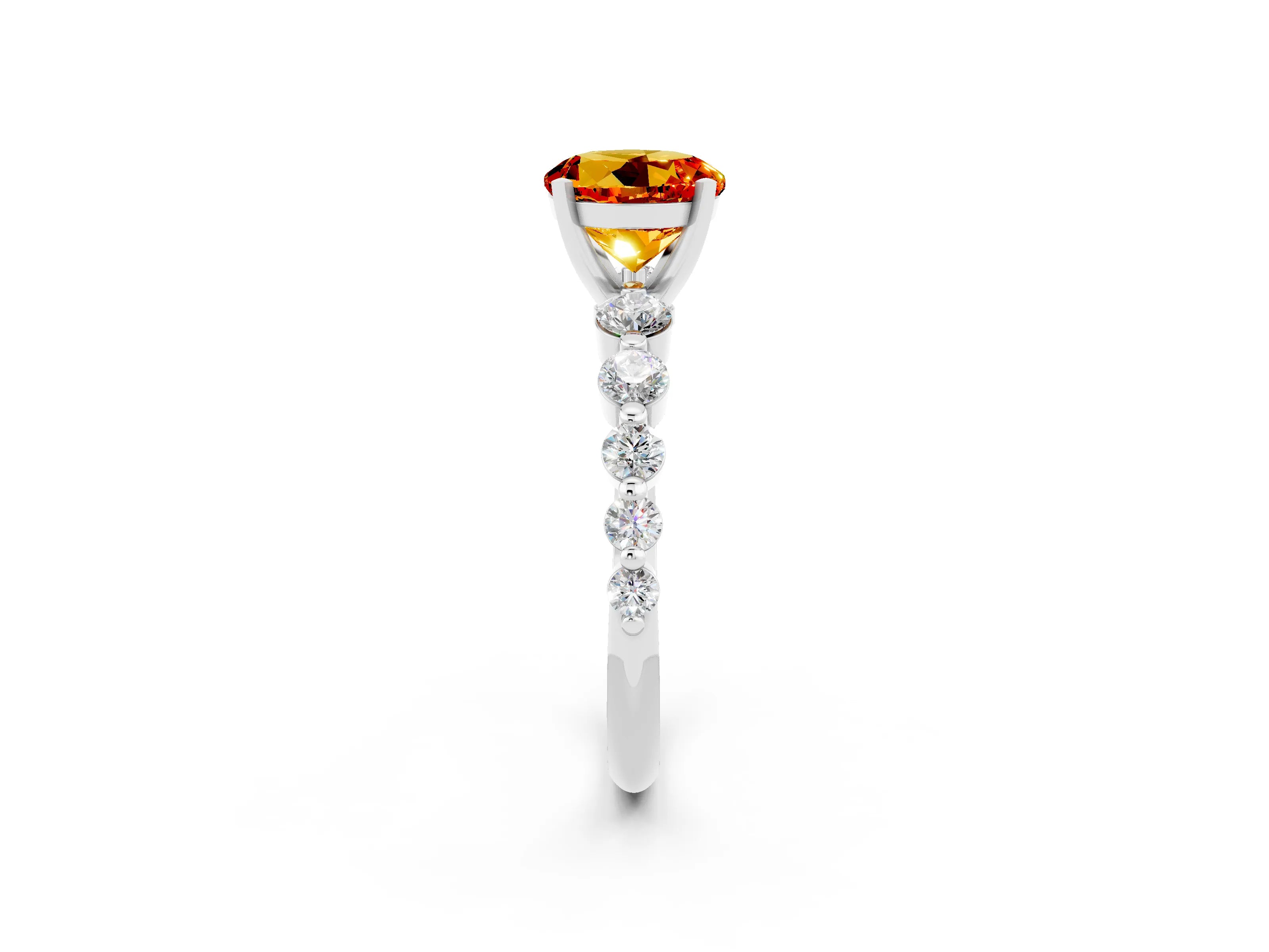 White gold Round Cut Solitaire Citrine Ring with Pave Band and Four-Prong Setting_2