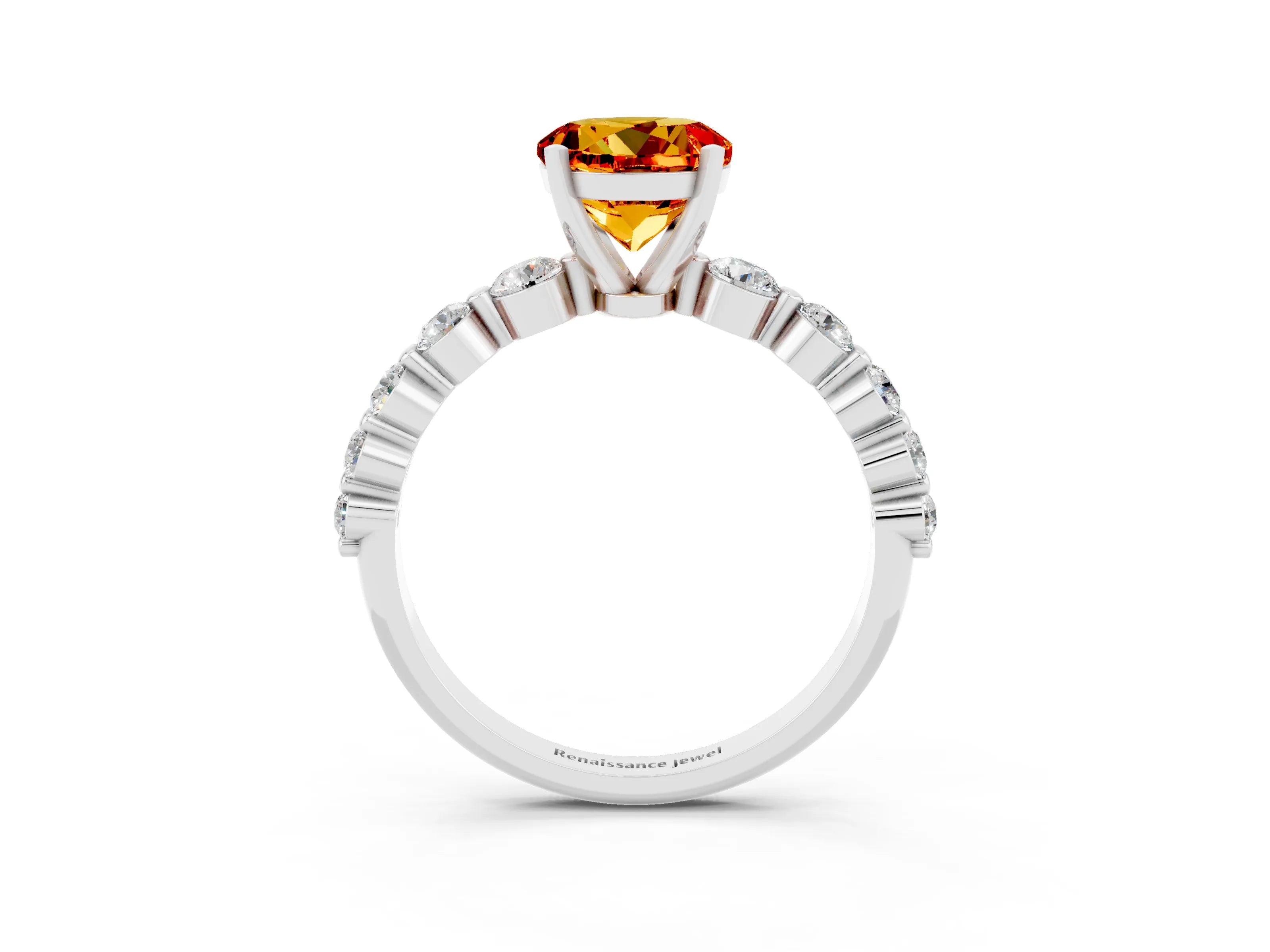 White gold Round Cut Solitaire Citrine Ring with Pave Band and Four-Prong Setting_3