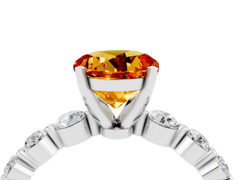 White gold Round Cut Solitaire Citrine Ring with Pave Band and Four-Prong Setting_4