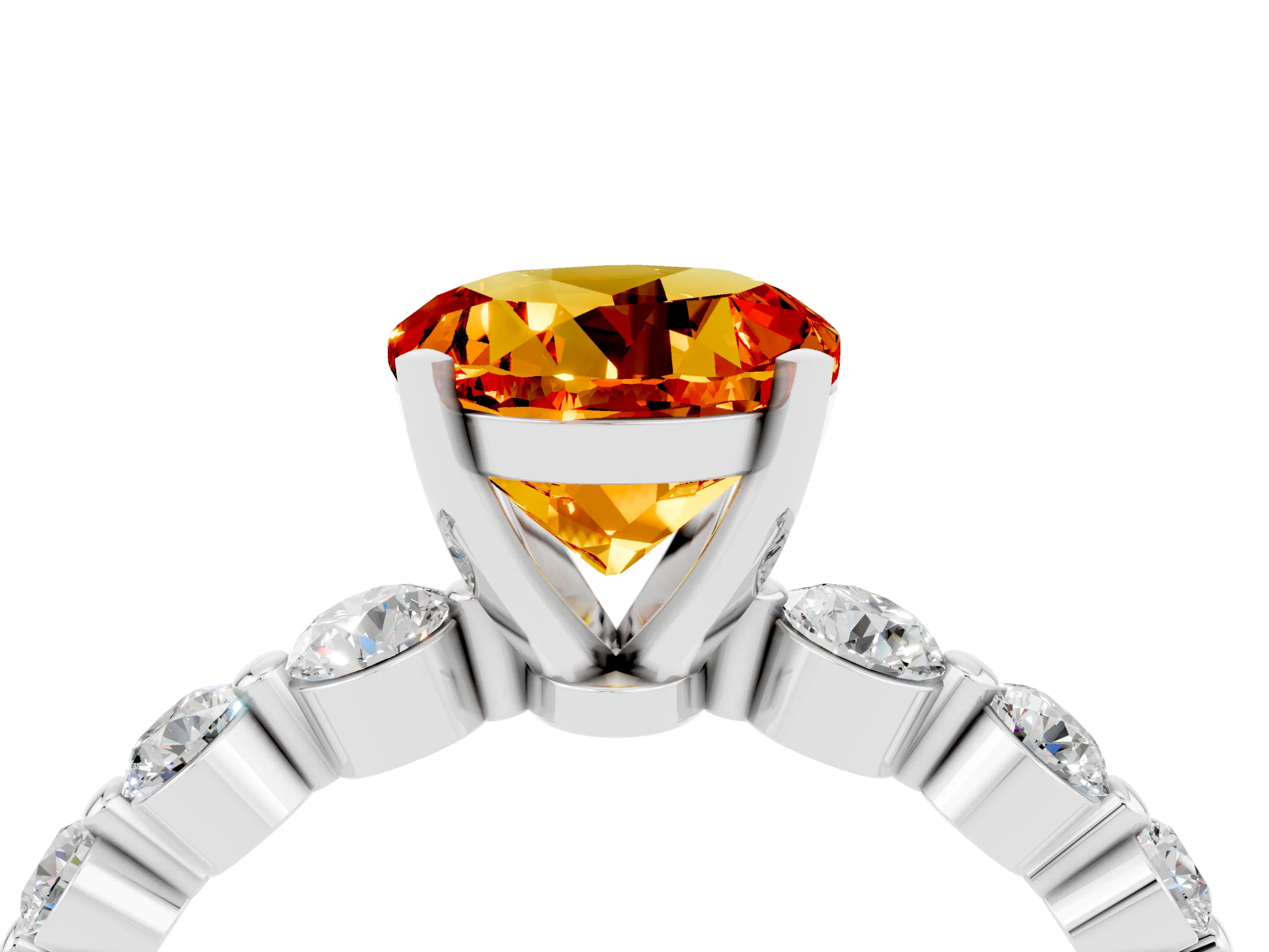 White gold Round Cut Solitaire Citrine Ring with Pave Band and Four-Prong Setting_4