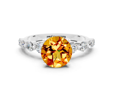 White gold Round Cut Solitaire Citrine Ring with Pave Band and Four-Prong Setting