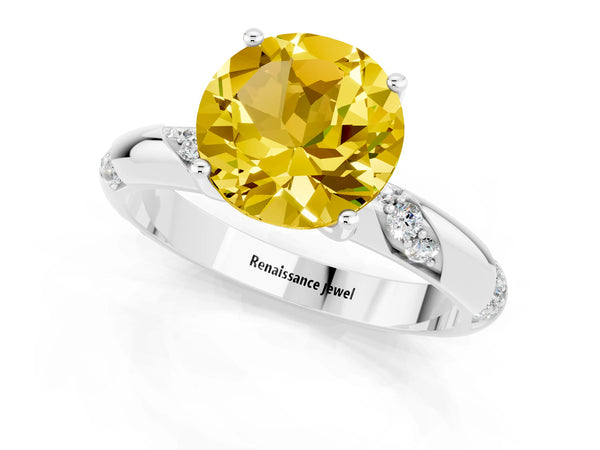 Platinum Round Cut Yellow Sapphire Solitaire Engagement Ring with Twisted Round  Accent Band and Prong Setting