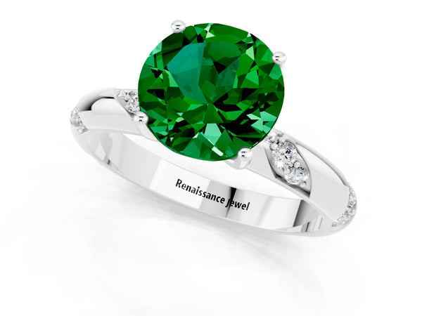 Silver Round Cut Emerald Solitaire Engagement Ring with Twisted Round  Accent Band and Prong Setting