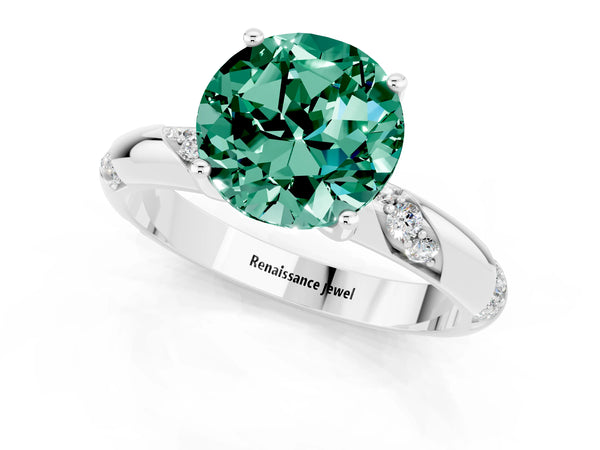 White gold Round Cut Green Sapphire Solitaire Engagement Ring with Twisted Round  Accent Band and Prong Setting