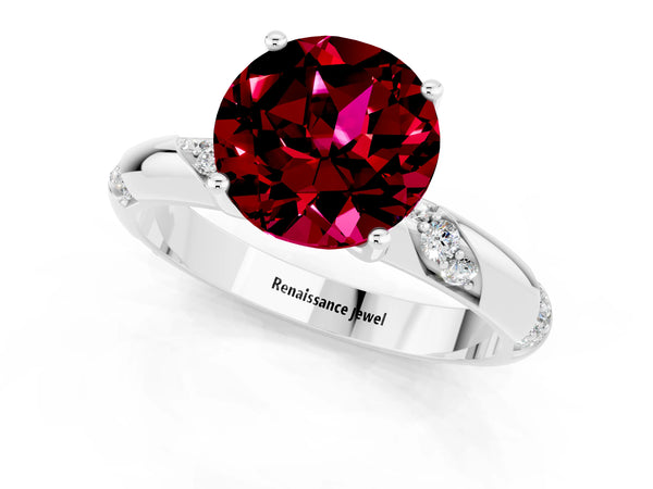 White gold Round Cut Garnet Solitaire Engagement Ring with Twisted Round  Accent Band and Prong Setting