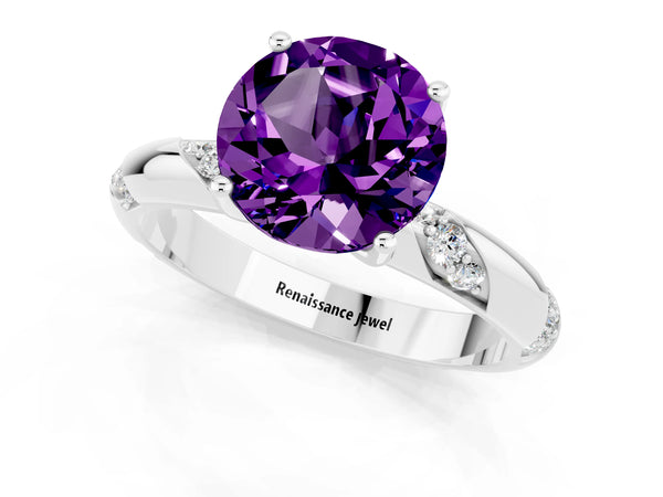 White gold Round Cut Amethyst Solitaire Engagement Ring with Twisted Round  Accent Band and Prong Setting