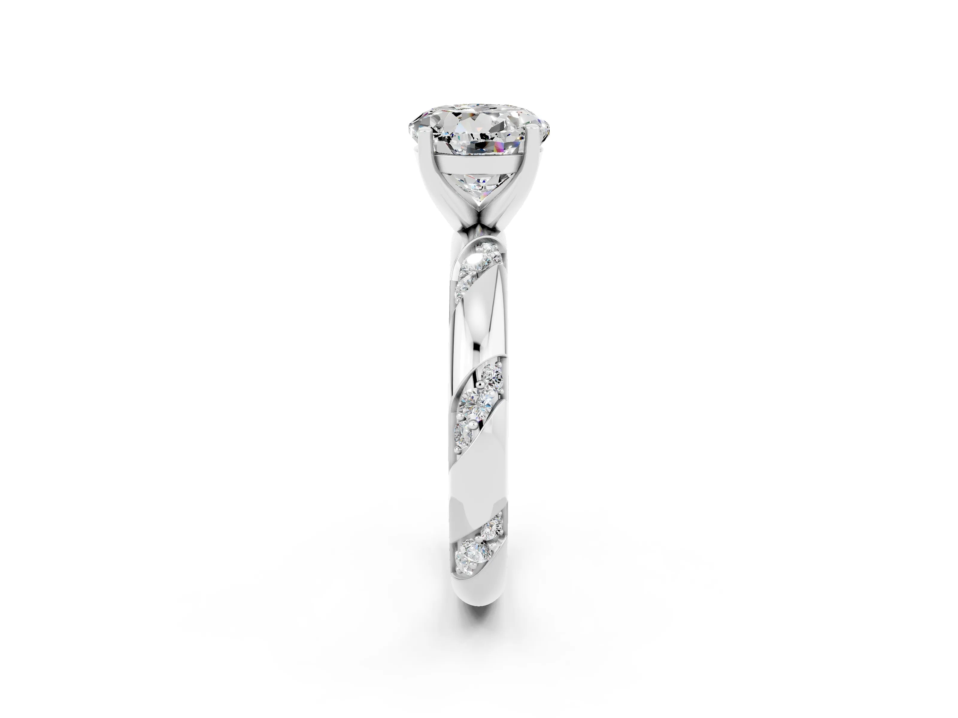 White gold Round Cut Solitaire Diamond Engagement Ring with Twisted Pave Band and Four-Prong Setting_2