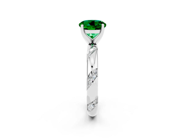 Silver Round Cut Emerald Solitaire Engagement Ring with Twisted Round  Accent Band and Prong Setting