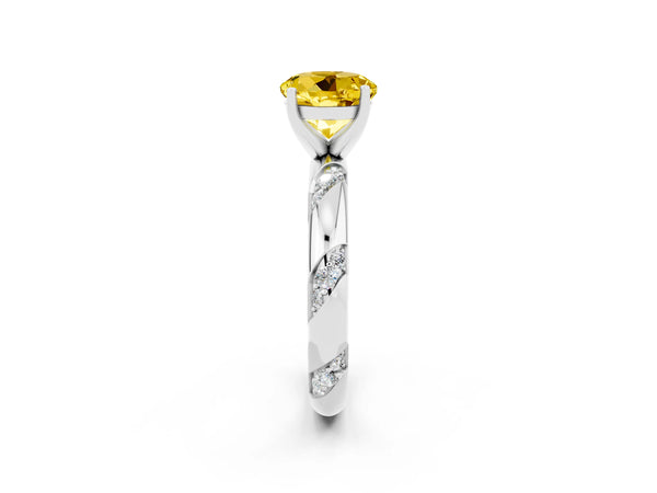 Silver Round Cut Yellow Sapphire Solitaire Engagement Ring with Twisted Round  Accent Band and Prong Setting