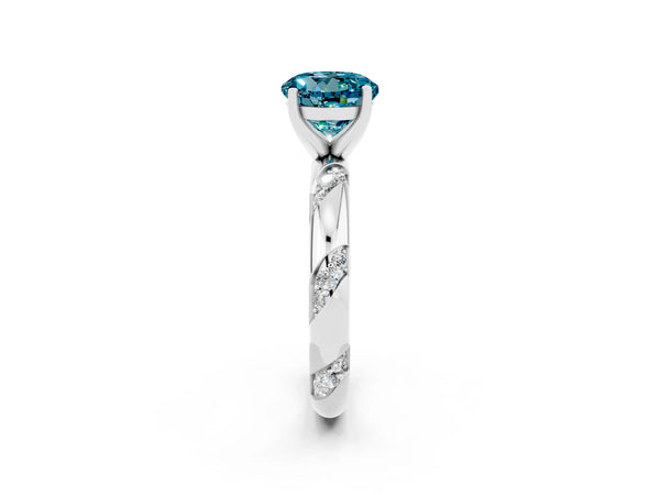 Platinum Round Cut Solitaire Diamond Engagement Ring with Twisted Pave Band and Four-Prong Setting