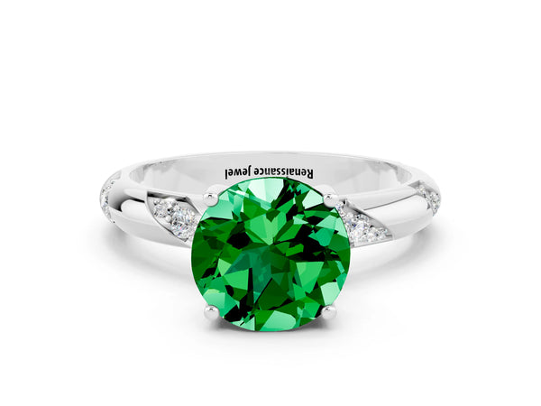 Platinum Round Cut Emerald Solitaire Engagement Ring with Twisted Round  Accent Band and Prong Setting