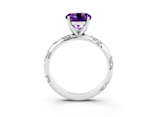 White gold Round Cut Amethyst Solitaire Engagement Ring with Twisted Round  Accent Band and Prong Setting