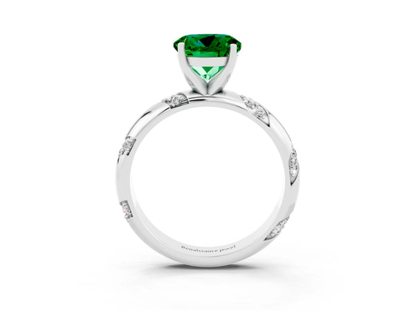 Platinum Round Cut Emerald Solitaire Engagement Ring with Twisted Round  Accent Band and Prong Setting