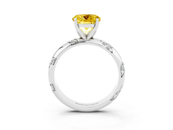 Platinum Round Cut Yellow Sapphire Solitaire Engagement Ring with Twisted Round  Accent Band and Prong Setting