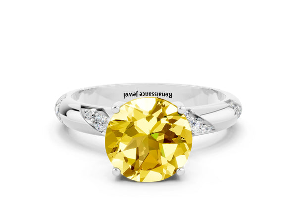 Platinum Round Cut Yellow Sapphire Solitaire Engagement Ring with Twisted Round  Accent Band and Prong Setting
