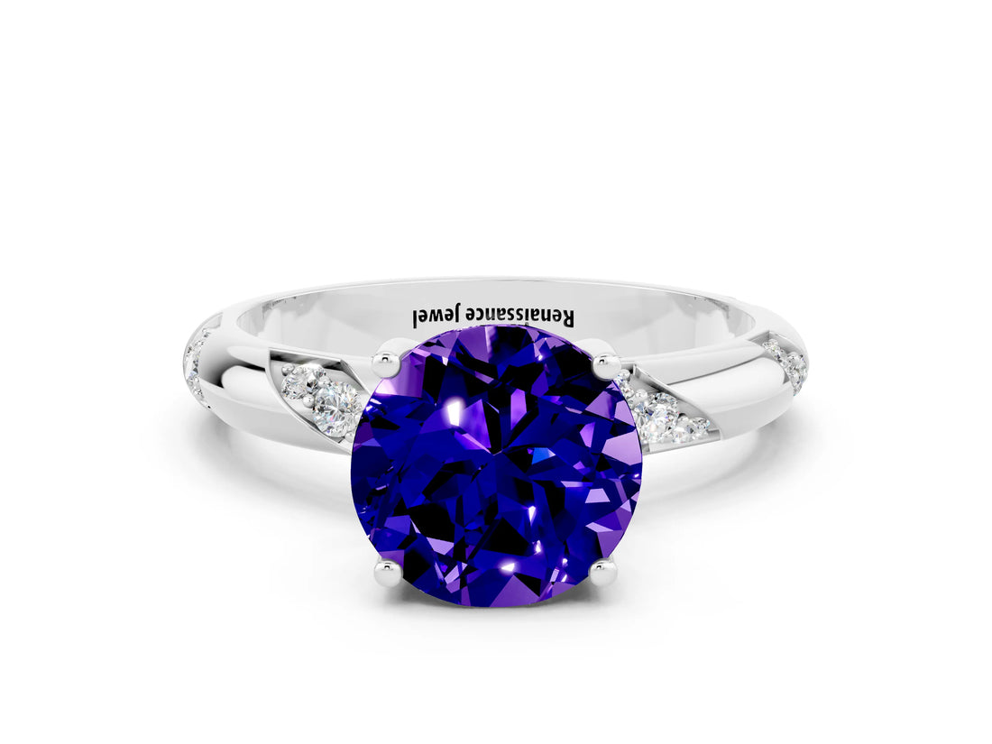 White gold Round Cut Solitaire Diamond Engagement Ring with Twisted Pave Band and Four-Prong Setting
