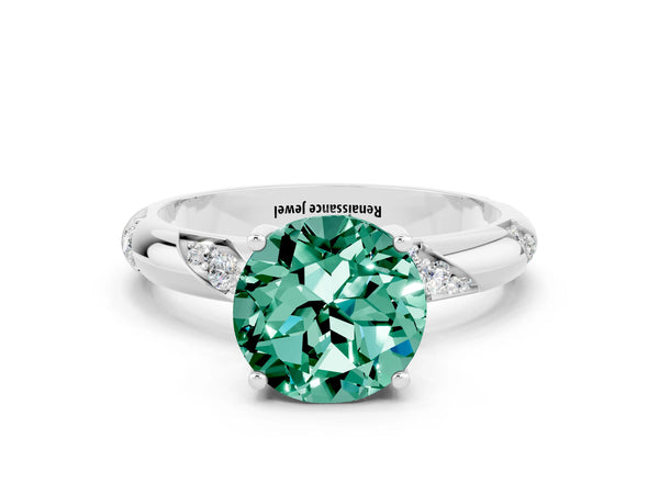 White gold Round Cut Green Sapphire Solitaire Engagement Ring with Twisted Round  Accent Band and Prong Setting