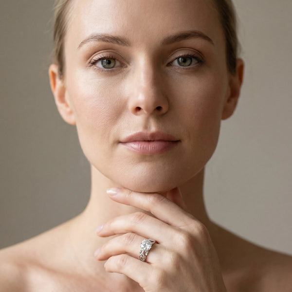 White gold Round Cut Solitaire Diamond Leaf-Inspired Vine Band Ring with Prong Setting