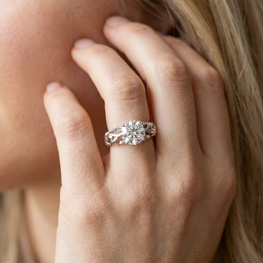 White gold Round Cut Solitaire Diamond Leaf-Inspired Vine Band Ring with Prong Setting