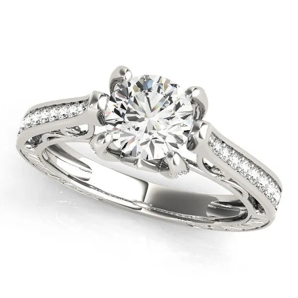 White gold Round Cut Solitaire Diamond Ring with Pavé Band and Six-Prong Setting