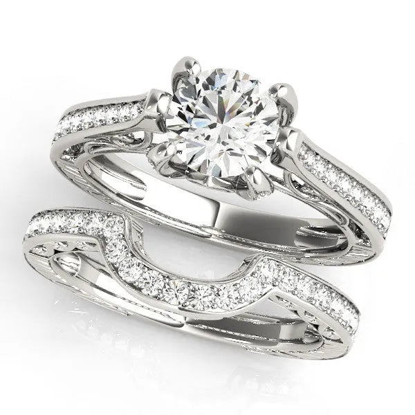 White gold Round Cut Solitaire Diamond Ring with Pavé Band and Six-Prong Setting