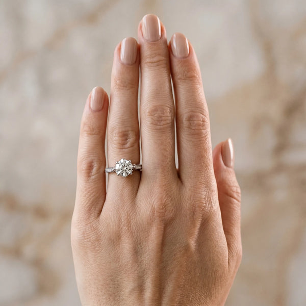 White gold Round Cut Solitaire Diamond Ring with Pavé Band and Six-Prong Setting