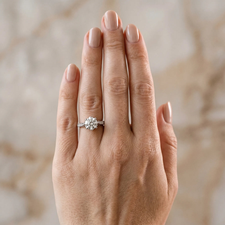 White gold Round Cut Solitaire Diamond Ring with Pavé Band and Six-Prong Setting