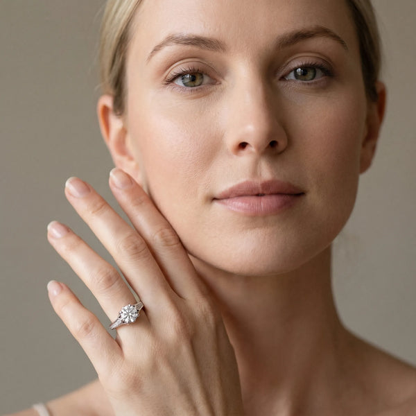 White gold Round Cut Solitaire Diamond Ring with Pavé Band and Six-Prong Setting