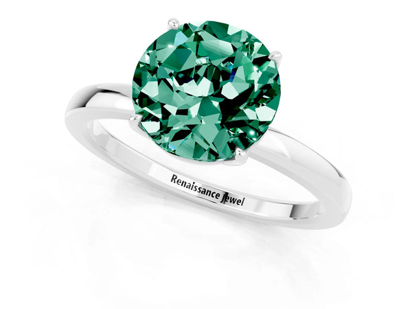 Silver Round Cut Green Sapphire Solitaire Ring with Thin Band and Prong Setting