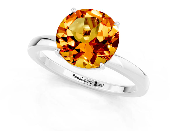 Silver Round Cut Citrine Solitaire Ring with Thin Band and Prong Setting