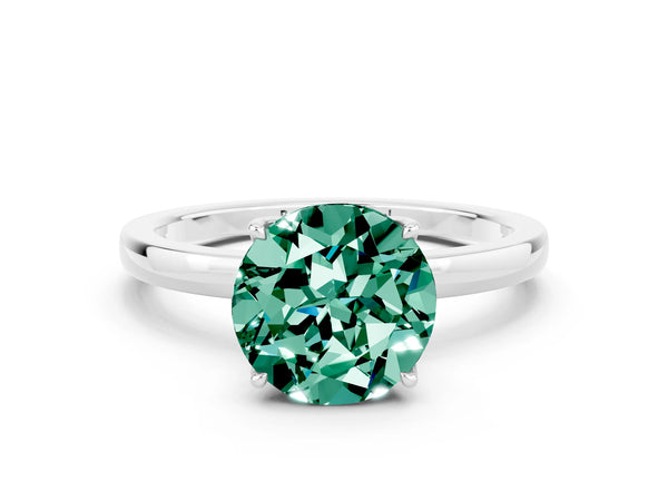 Silver Round Cut Green Sapphire Solitaire Ring with Thin Band and Prong Setting