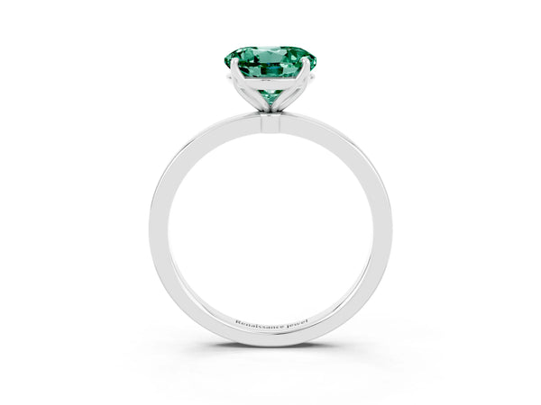 Silver Round Cut Green Sapphire Solitaire Ring with Thin Band and Prong Setting