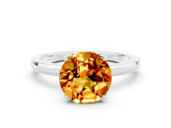 Platinum Round Cut Citrine Solitaire Ring with Thin Band and Prong Setting