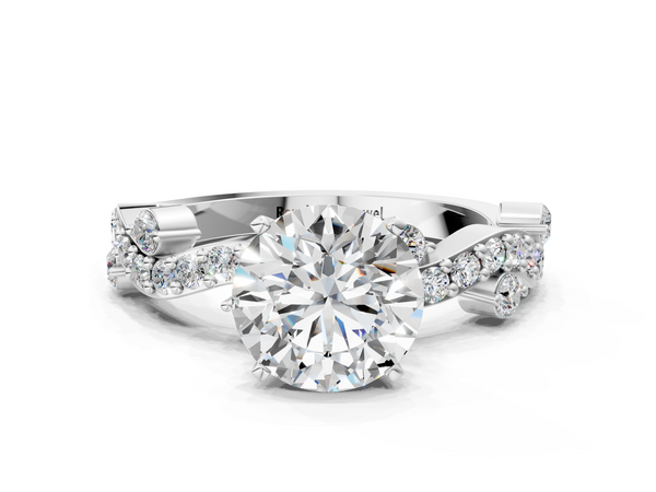 Platinum Round Solitaire Engagement Ring Setting with Twisted Pave Band and Bar Stations