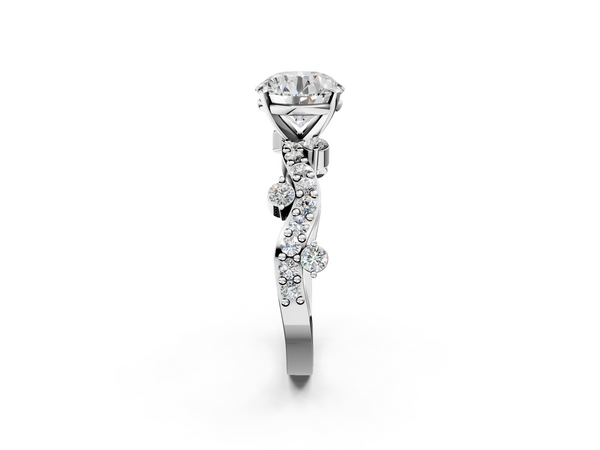 Platinum Round Solitaire Engagement Ring Setting with Twisted Pave Band and Bar Stations
