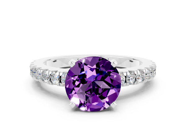 Platinum Round Cut Solitaire Amethyst with Pavé Band and Four-Prong Setting