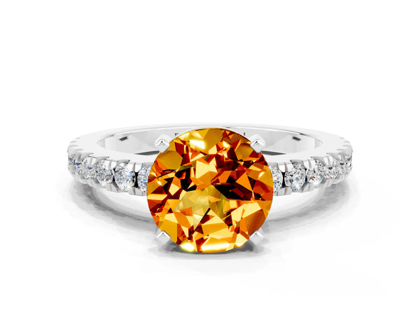 Platinum Round Cut Solitaire Citrine with Pavé Band and Four-Prong Setting