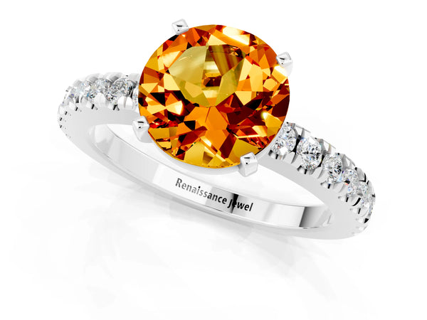 Silver Round Cut Solitaire Citrine with Pavé Band and Four-Prong Setting