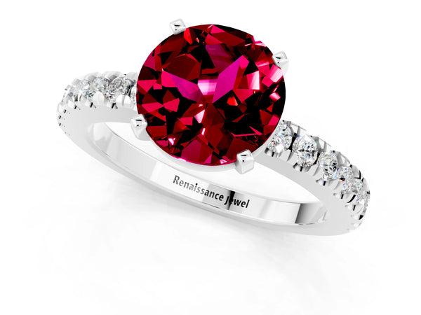 White gold Round Cut Solitaire Garnet with Pavé Band and Four-Prong Setting